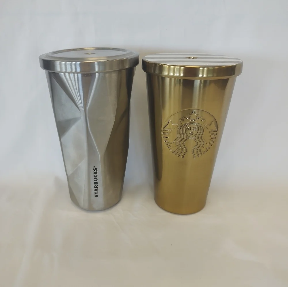 Starbucks set of 2 Grande 16 oz cold brew tumblers chisled prism silver and gold
